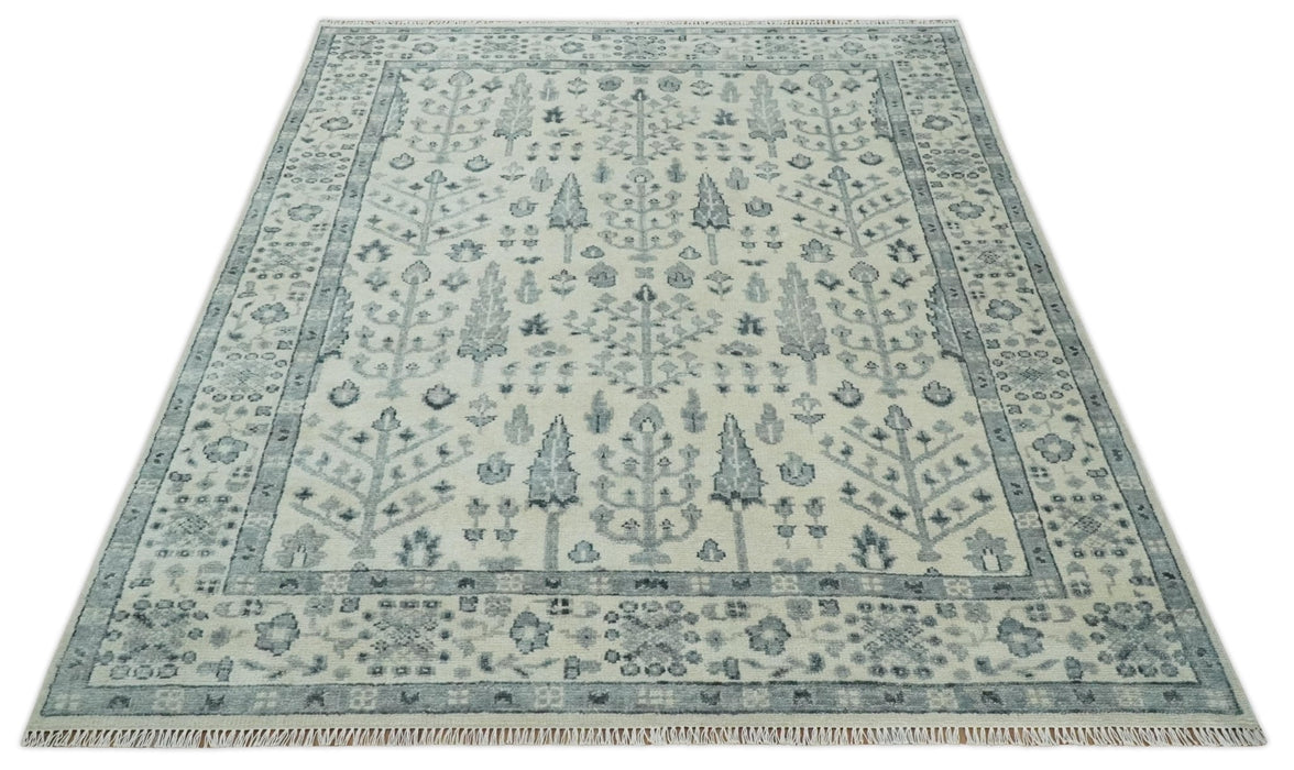 Tree of Life Hand Knotted Ivory and Charcoal Traditional Oushak Custom Made Wool Rug