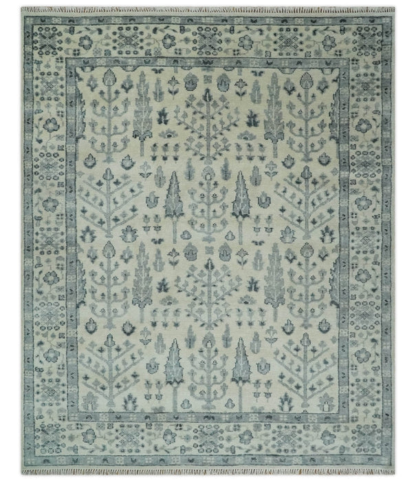 Tree of Life Hand Knotted Ivory and Charcoal Traditional Oushak Custom Made Wool Rug