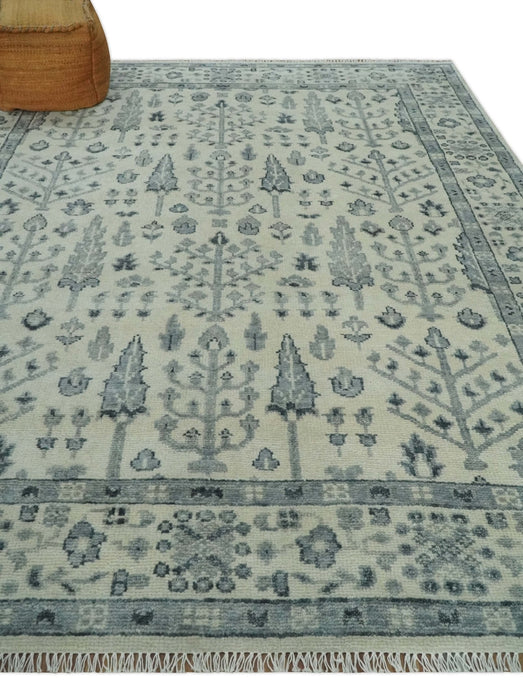 Tree of Life Hand Knotted Ivory and Charcoal Traditional Oushak Custom Made Wool Rug