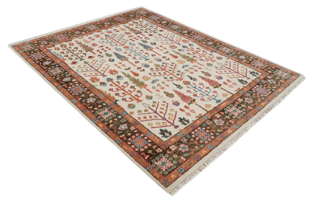 Tree of Life Hand Knotted Ivory, Brown and Rust Traditional Oushak Multi Size Wool Rug