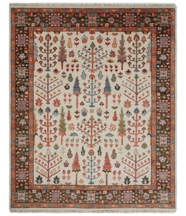 Tree of Life Hand Knotted Ivory, Brown and Rust Traditional Oushak Multi Size Wool Rug