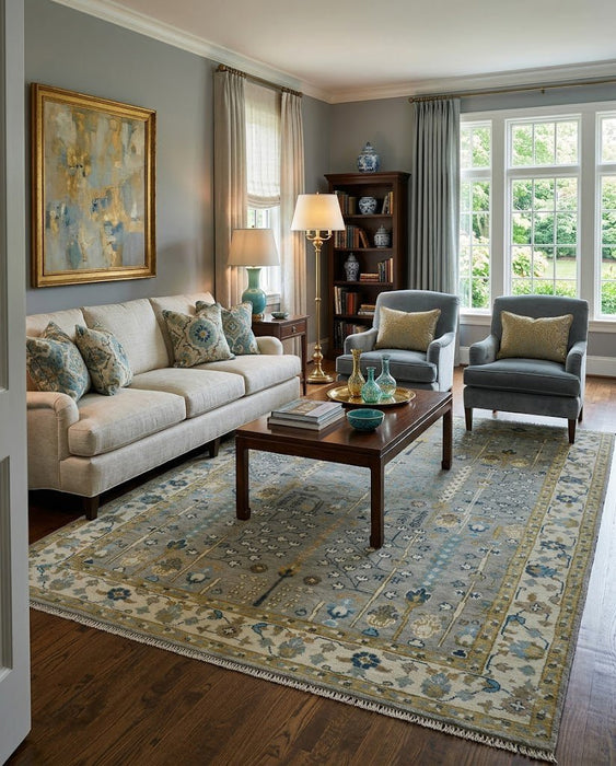 Tree of life Hand Knotted Silver, Ivory and Beige Traditional Vintage Style Custom Made Wool Rug