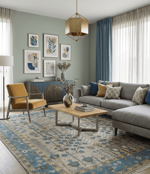Tree of life Hand Knotted Traditional Beige and Blue Vintage Style Custom Made Wool Area Rug