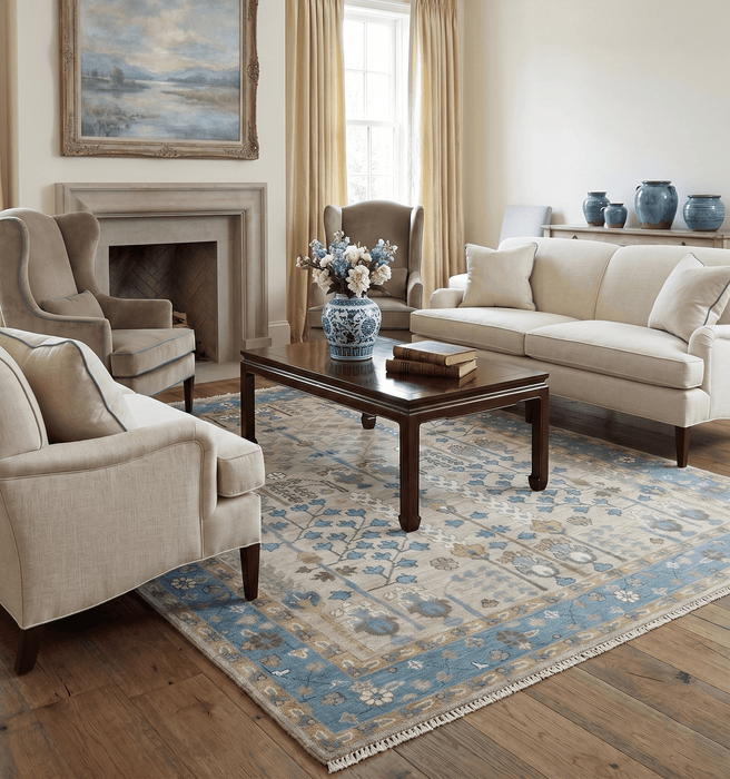 Tree of life Hand Knotted Traditional Beige and Blue Vintage Style Custom Made Wool Area Rug