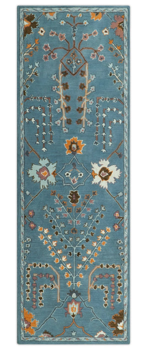 Tree of life Hand Tufted Teal Blue, Brown and Red Traditional Floral Custom Made Wool Area Rug, Kids, Living Room and Bedroom Rug