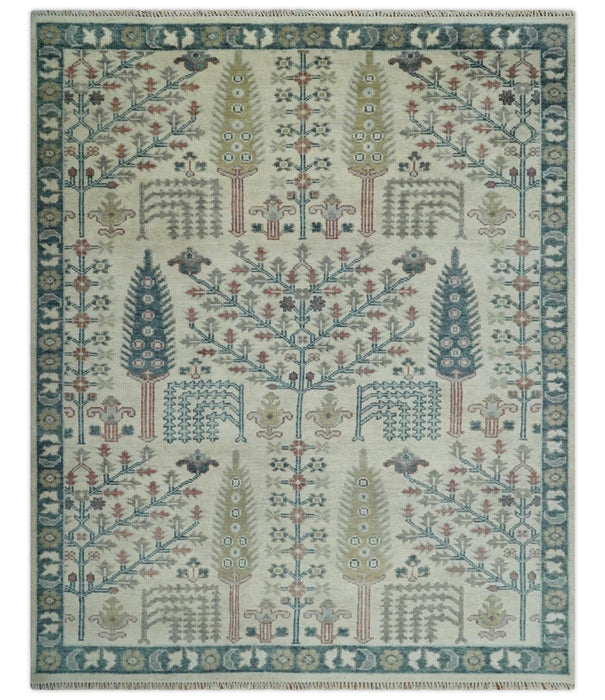 Tree of life Ivory, Teal, Olive and Brown Hand Knotted Traditional Oushak wool Area Rug
