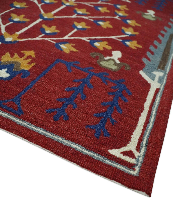 Tree of life Maroon, Blue and Gold Traditional Floral Hand Tufted Custom Made wool Area Rug