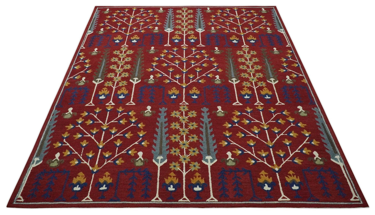 Tree of life Maroon, Blue and Gold Traditional Floral Hand Tufted Custom Made wool Area Rug