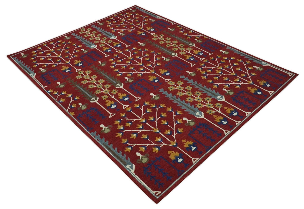 Tree of life Maroon, Blue and Gold Traditional Floral Hand Tufted Custom Made wool Area Rug