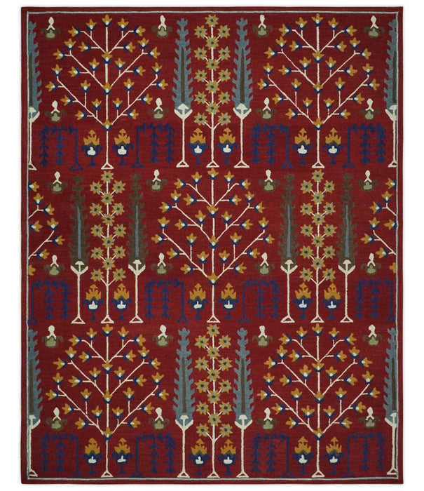 Tree of life Maroon, Blue and Gold Traditional Floral Hand Tufted Custom Made wool Area Rug