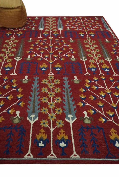 Tree of life Maroon, Blue and Gold Traditional Floral Hand Tufted Custom Made wool Area Rug