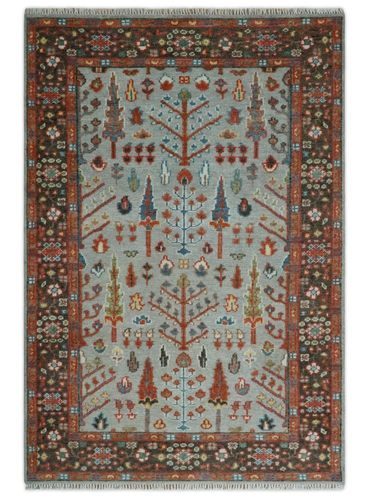 Tree of Life Multi Size Hand Knotted Silver, Brown and Rust Traditional Vintage Oushak Wool Rug