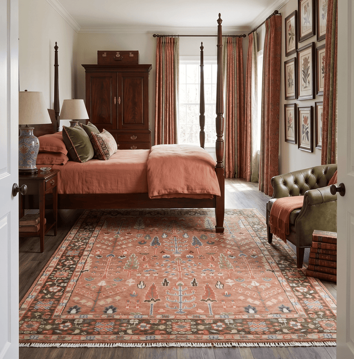 Tree of Life Peach and Brown Hand Knotted 8x10 Traditional Oushak Wool Rug