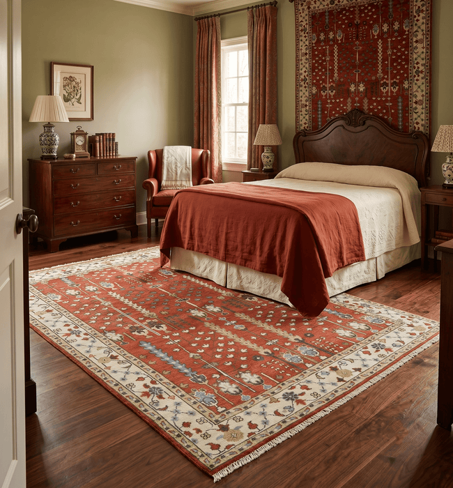 Tree of Life Rust and Ivory Traditional Hand Knotted Turkish Design Wool Area Rug