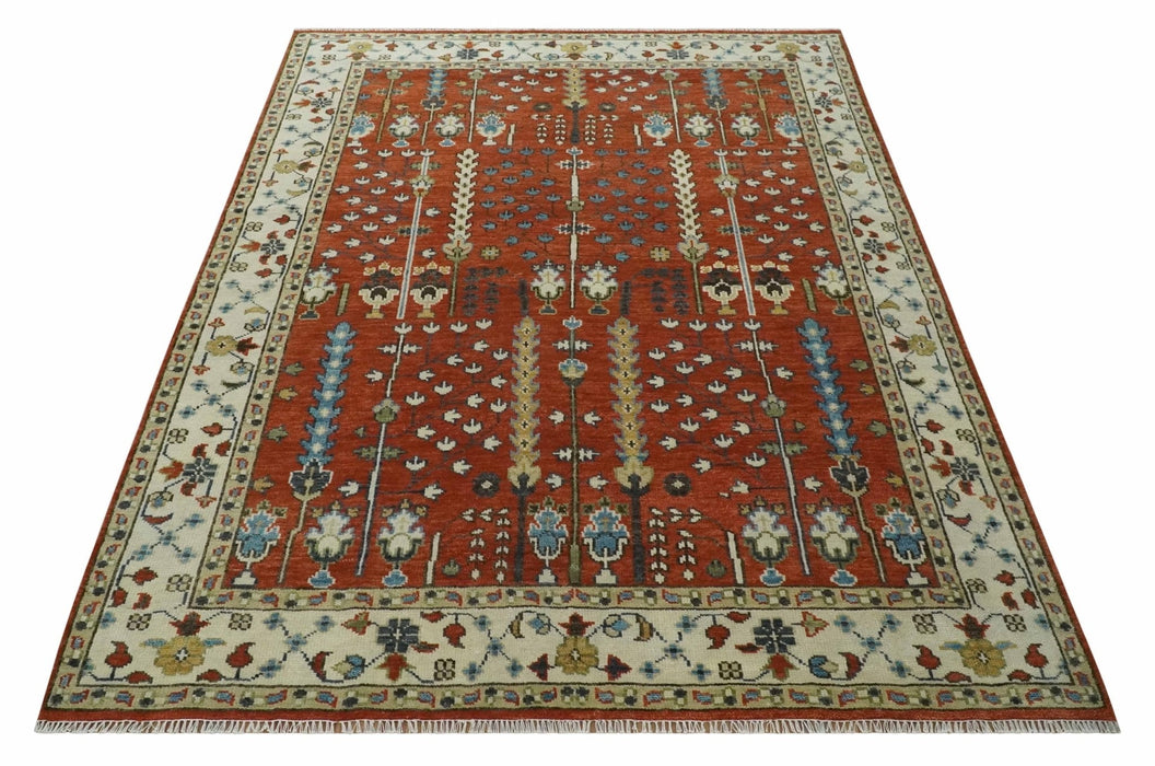 Tree of Life Rust and Ivory Traditional Hand Knotted Turkish Design Wool Area Rug