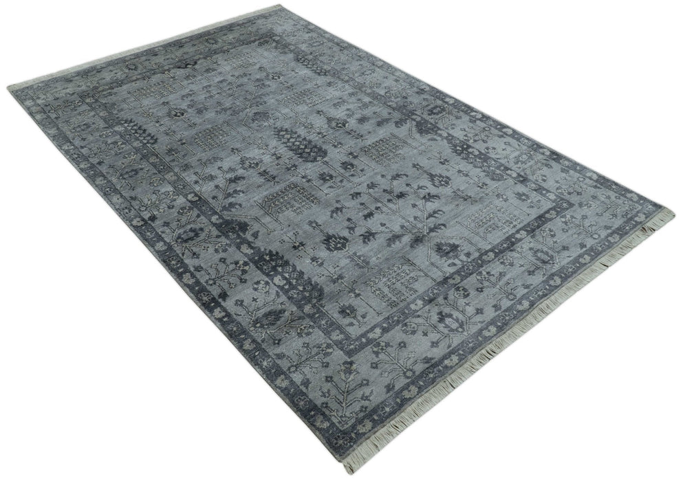 Tree of Life Silver And Gray 6x9 Hand Knotted Bamboo Silk Area Rug