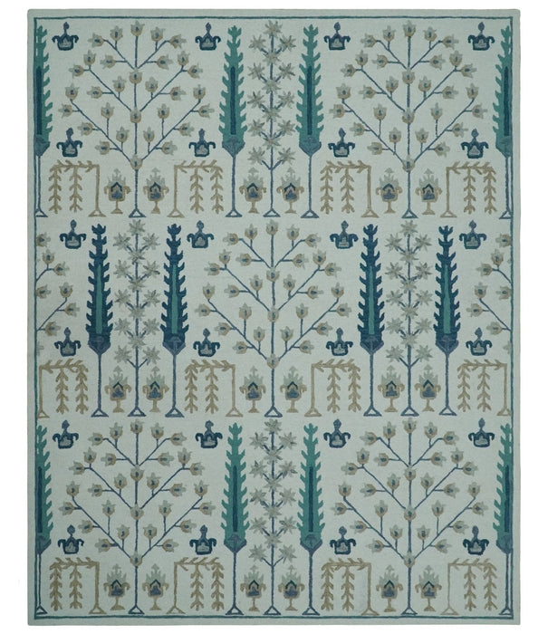 Tree of life Silver, Beige and Teal Traditional Floral Hand Tufted Custom Made wool Area Rug