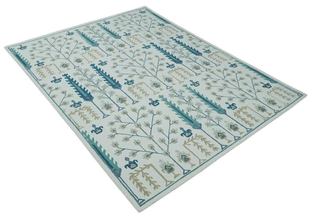 Tree of life Silver, Beige and Teal Traditional Floral Hand Tufted Custom Made wool Area Rug