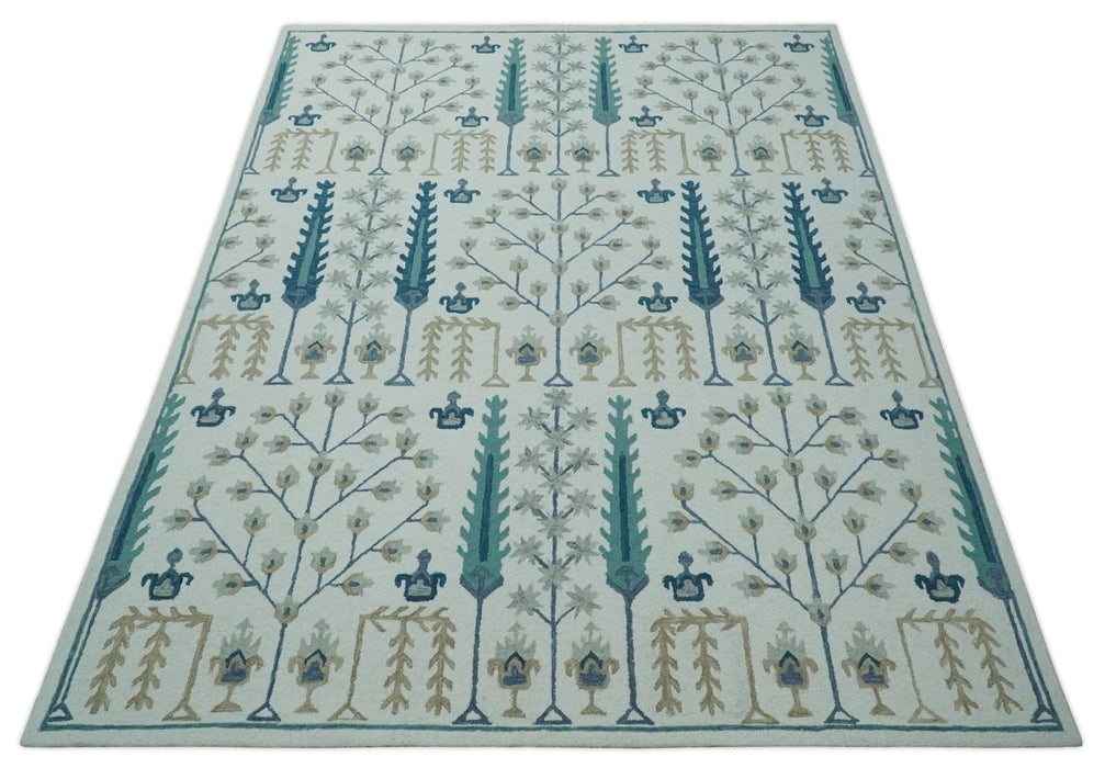 Tree of life Silver, Beige and Teal Traditional Floral Hand Tufted Custom Made wool Area Rug