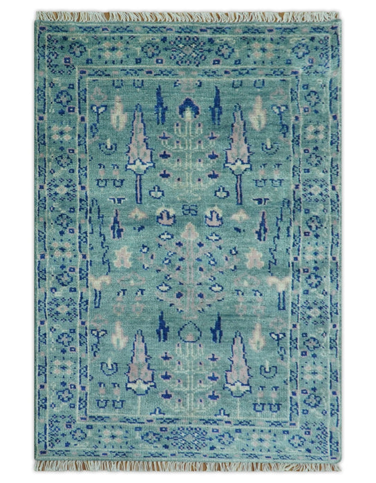 Tree of life Teal And Blue Hand knotted 4x6 Wool Area Rug