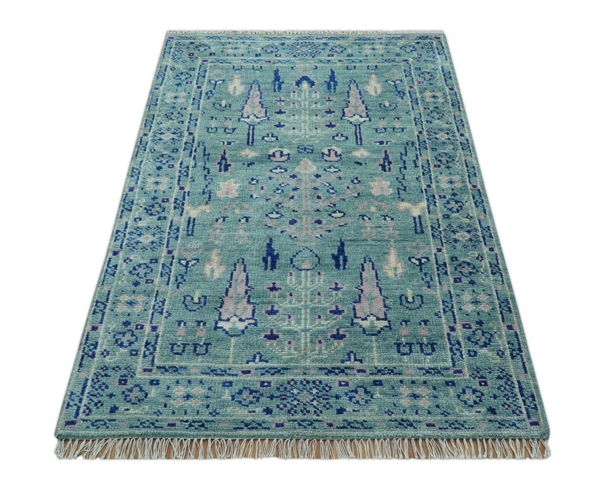 Tree of life Teal And Blue Hand knotted 4x6 Wool Area Rug