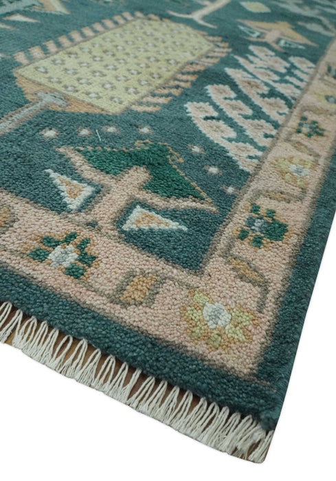 Tree of life Teal, Peach and Olive Hand Knotted Traditional Oushak Custom Made wool area Rug