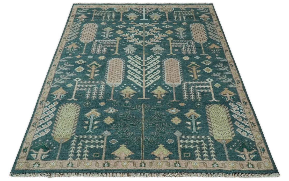 Tree of life Teal, Peach and Olive Hand Knotted Traditional Oushak Custom Made wool area Rug