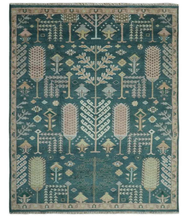 Tree of life Teal, Peach and Olive Hand Knotted Traditional Oushak Custom Made wool area Rug