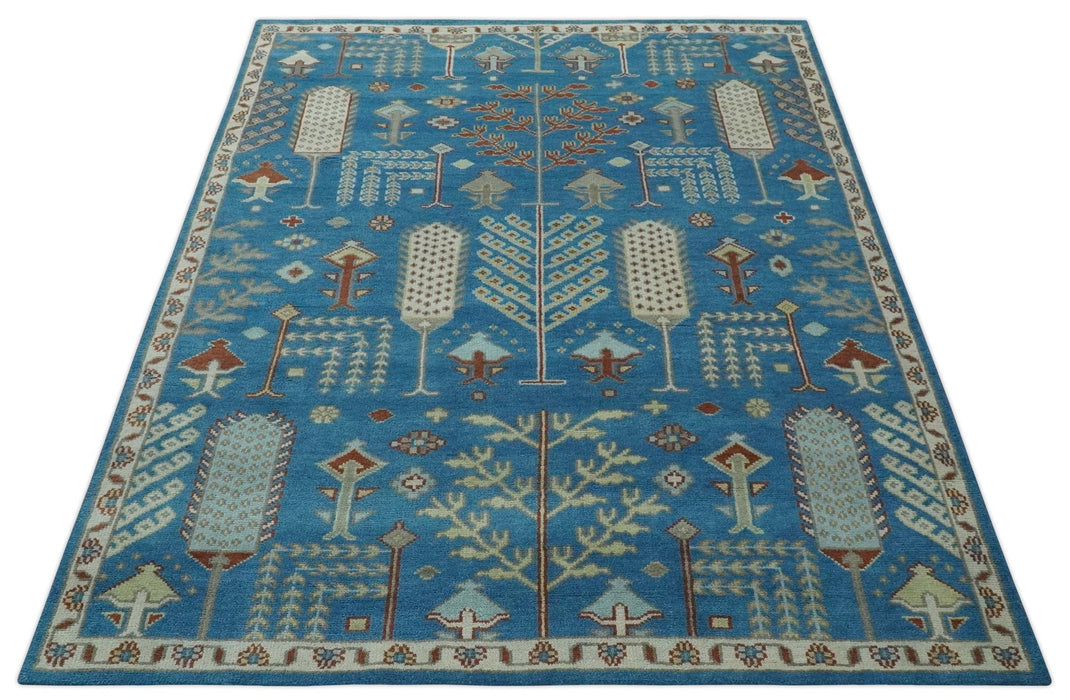 Tree of life Traditional Floral Blue, Ivory and Brown Hand Knotted Custom Made Wool Area Rug