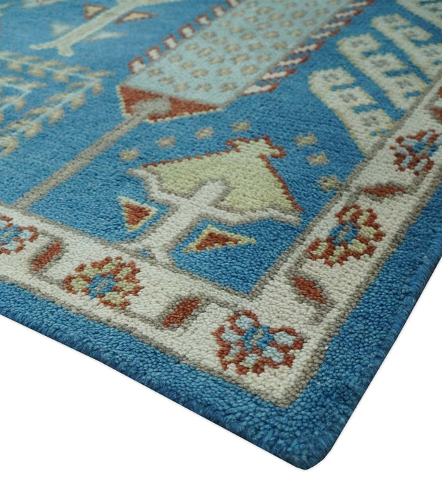 Tree of life Traditional Floral Blue, Ivory and Brown Hand Knotted Custom Made Wool Area Rug