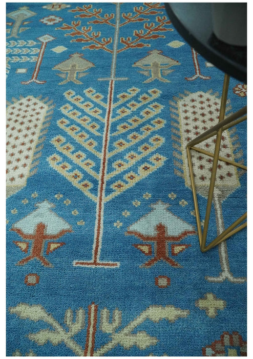 Tree of life Traditional Floral Blue, Ivory and Brown Hand Knotted Custom Made Wool Area Rug