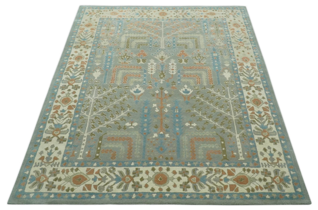 Tree of life Traditional Floral Gray, Beige, Green and Dark Peach Hand Tufted 8x10 wool Area Rug