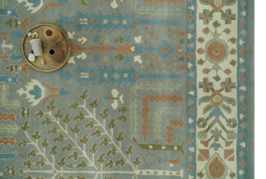 Tree of life Traditional Floral Gray, Beige, Green and Dark Peach Hand Tufted wool Area Rug