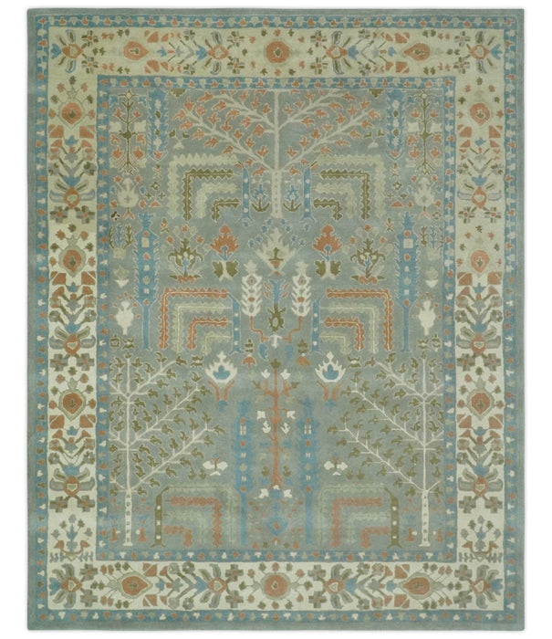Tree of life Traditional Floral Gray, Beige, Green and Dark Peach Hand Tufted wool Area Rug
