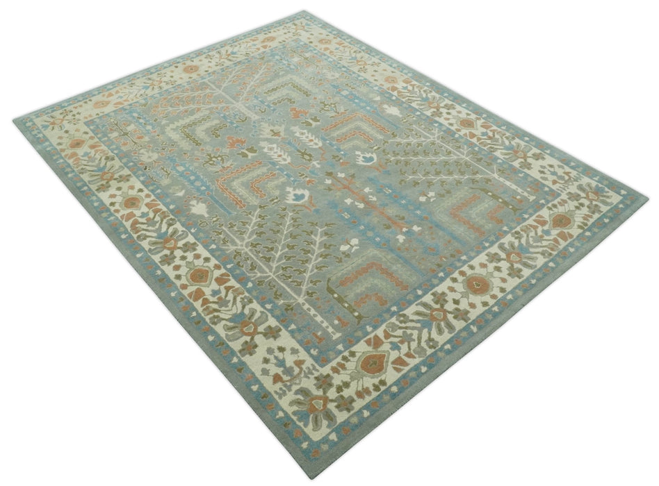 Tree of life Traditional Floral Gray, Beige, Green and Dark Peach Hand Tufted wool Area Rug