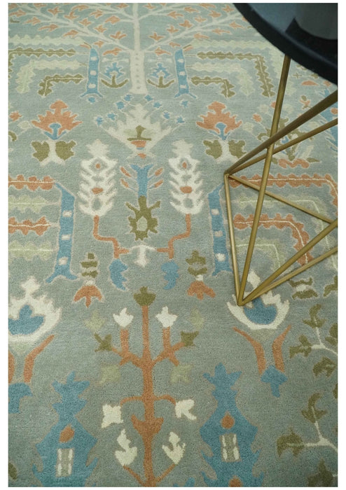 Tree of life Traditional Floral Gray, Beige, Green and Dark Peach Hand Tufted wool Area Rug