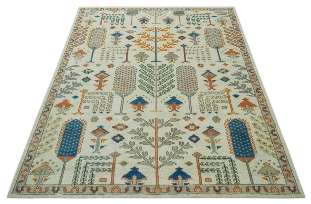 Tree of life Traditional Floral Ivory, Blue and Rust Hand Knotted Multi Size Wool Area Rug