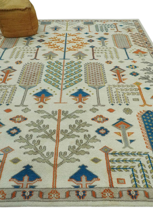 Tree of life Traditional Floral Ivory, Blue and Rust Hand Knotted Multi Size Wool Area Rug
