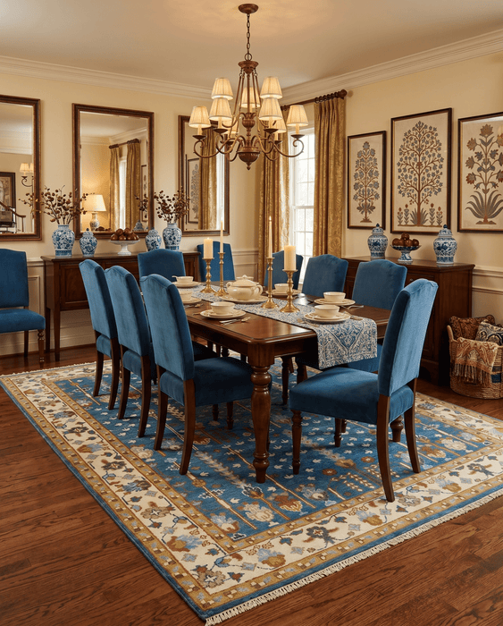 Tree of Life Traditional Hand Knotted Teal Blue and Ivory Custom Made Wool Area Rug