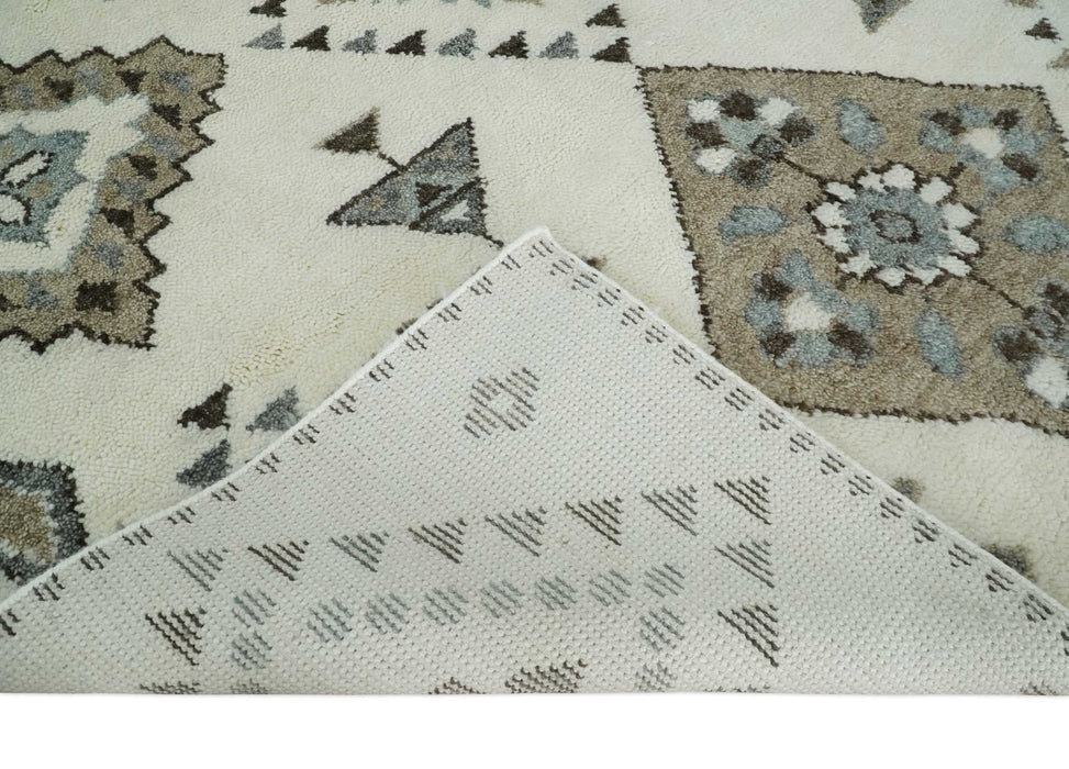 Tribal Design 8x10 Ivory and Brown Traditional Geometrical Pattern Hand Knotted Wool Area Rug
