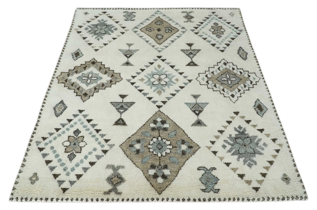 Tribal Design 8x10 Ivory and Brown Traditional Geometrical Pattern Hand Knotted Wool Area Rug