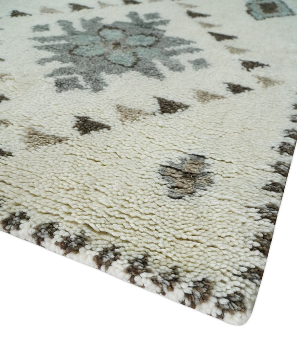 Tribal Design 8x10 Ivory and Brown Traditional Geometrical Pattern Hand Knotted Wool Area Rug