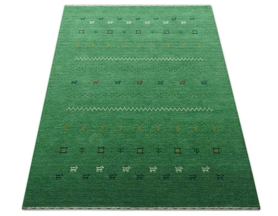 Tribal Design Green Custom Made Traditional Hand loom Wool Area Rug