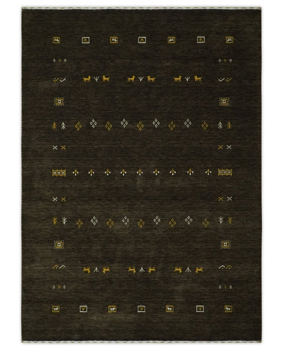 Tribal Design Greenish-Brown Traditional Hand loom 4.6x7 Wool Area Rug