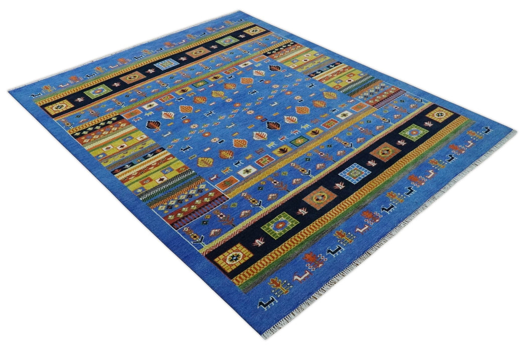 Tribal Gabbeh Blue, Black, Green and Rust Hand knotted Antique Look Traditional Wool Area Rug