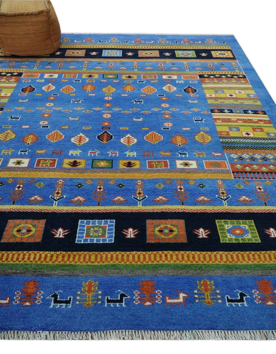Tribal Gabbeh Blue, Black, Green and Rust Hand knotted Antique Look Traditional Wool Area Rug