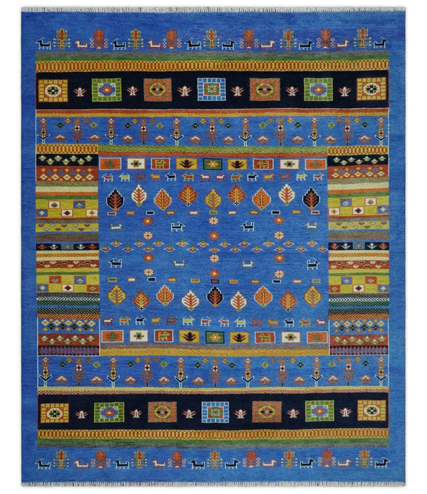Tribal Gabbeh Blue, Black, Green and Rust Hand knotted Antique Look Traditional Wool Area Rug