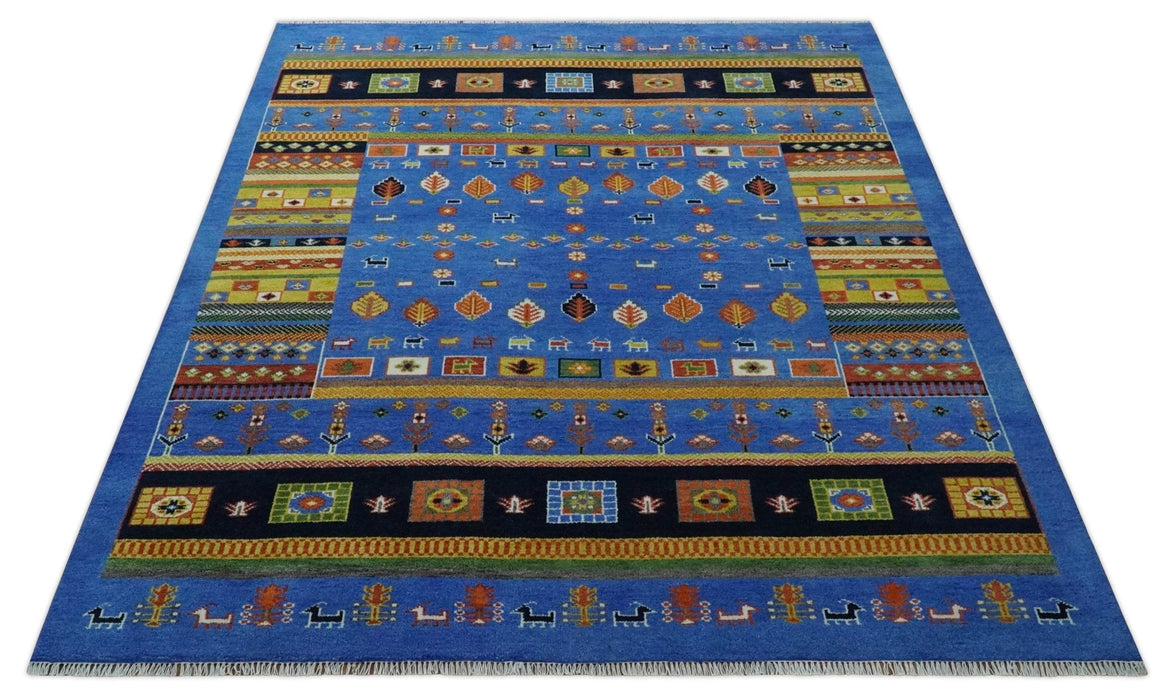 Tribal Gabbeh Blue, Black, Green and Rust Hand knotted Antique Look Traditional Wool Area Rug
