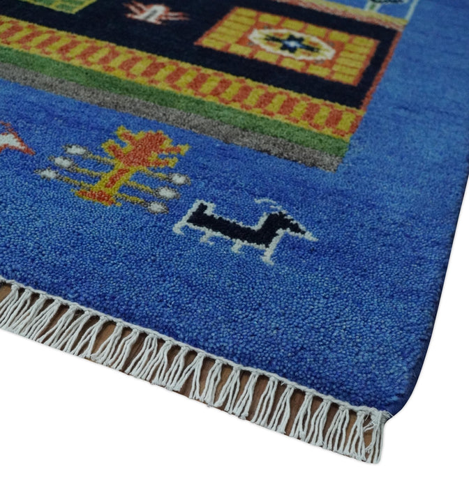 Tribal Gabbeh Blue, Black, Green and Rust Hand knotted Antique Look Traditional Wool Area Rug