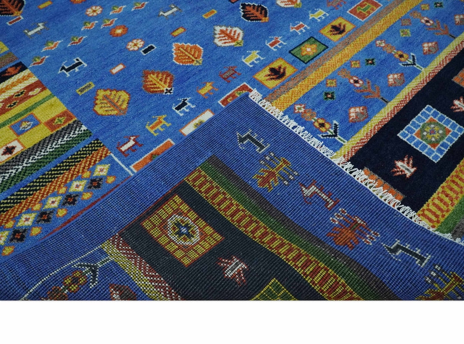 Tribal Gabbeh Blue, Black, Green and Rust Hand knotted Antique Look Traditional Wool Area Rug